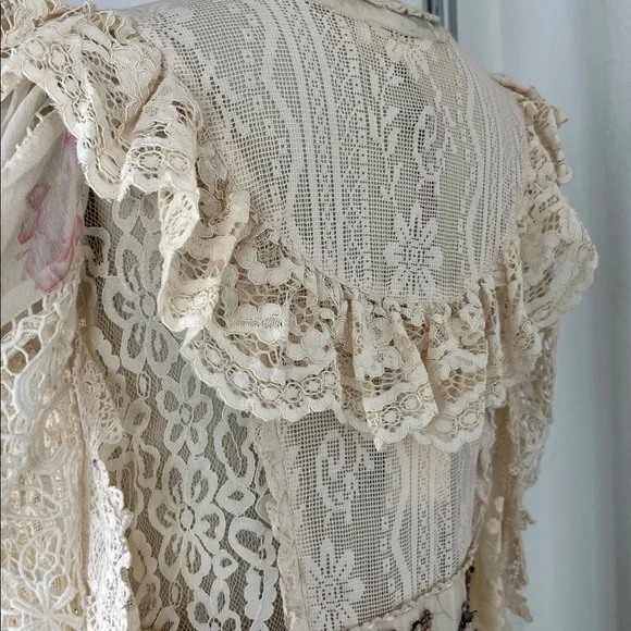 LoveShackFancy Ibis Beaded Ruffle V Plunge Lace Overlay Dress in Magnolia Tea - Picture 8 of 16